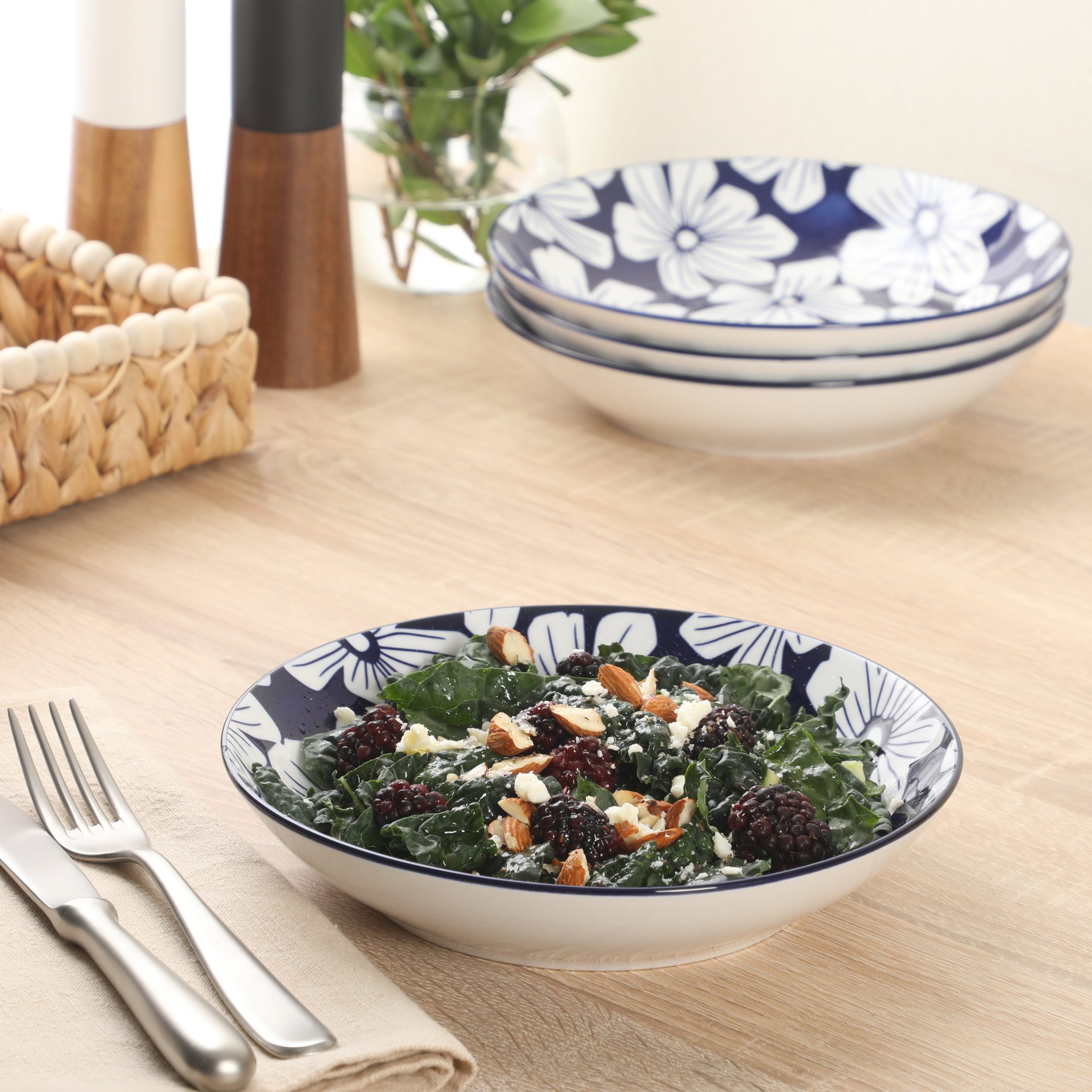 Gibson Home Heritage Sky 4-Piece Pasta Bowl Set, 8 Inch Round Stoneware Bowls, Blue & White Floral Design, Decorative Everyday Use - Image 2