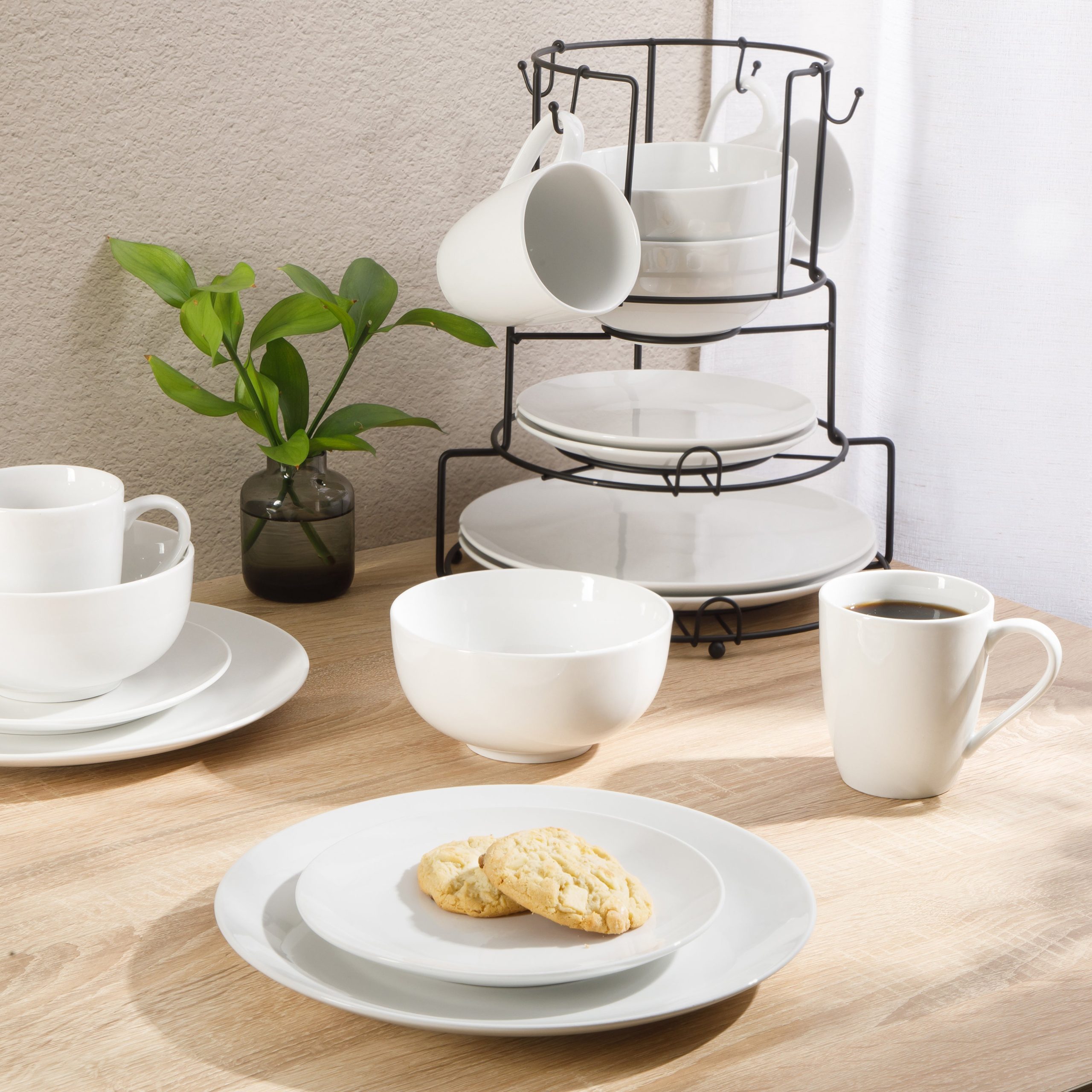 Gibson Home 17-Piece Porcelain Plates and Bowls Set W/Metal Rack - Plates, Bowls & Mugs Dinnerware Set for 4 - White - Image 3