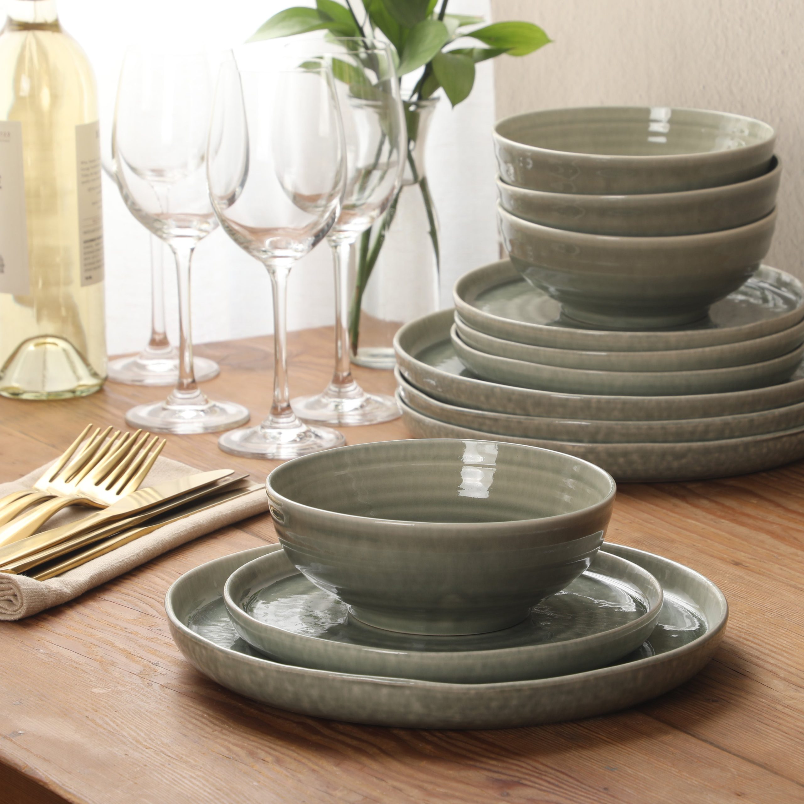 Gibson Elite Eclipse Swirls Plates and Bowls Sets, 12-Piece Stoneware Dinnerware Sets, Reactive Glaze Dish Set - Image 2