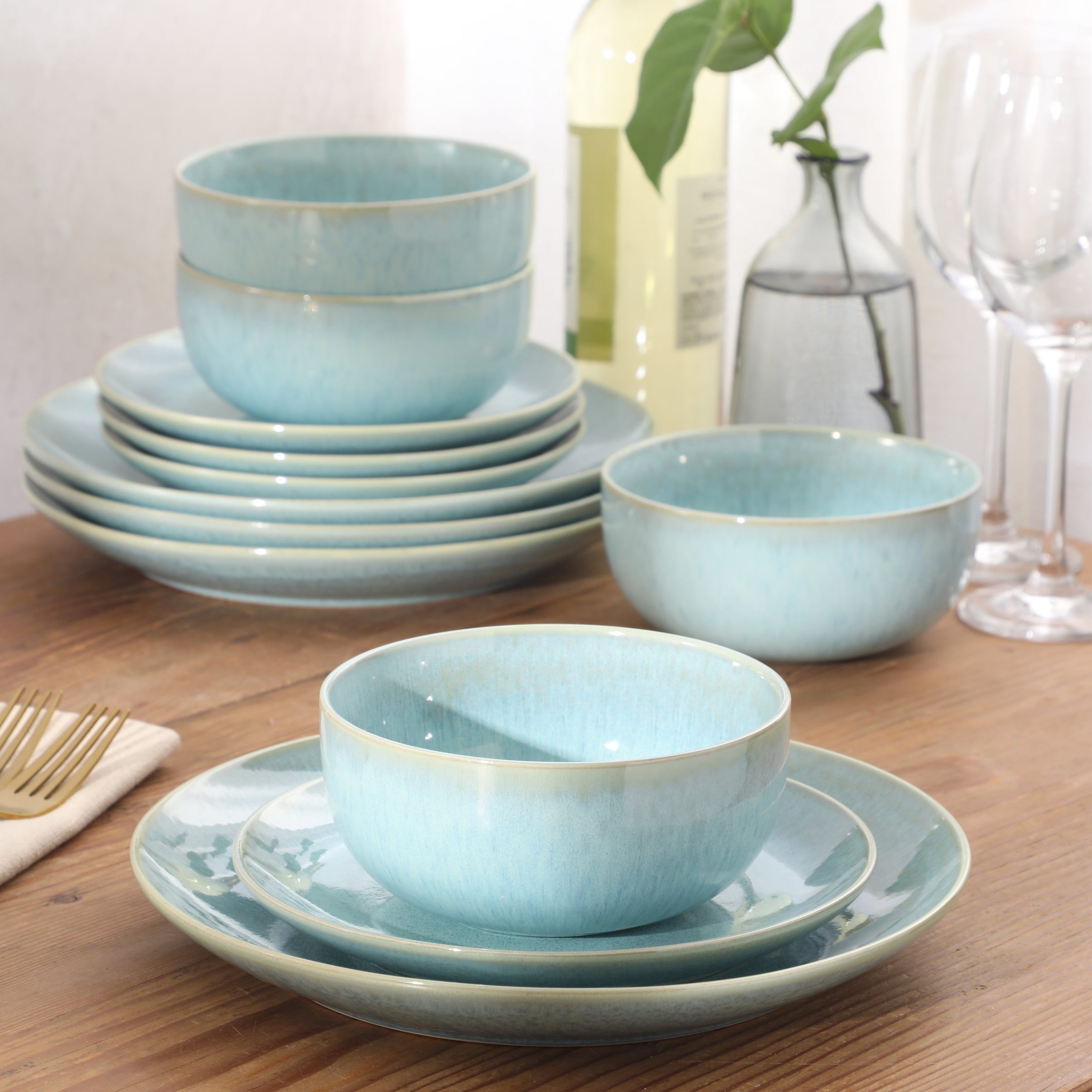 Gibson Elite Pine Coast Plates and Bowls Sets, 12-Piece Stoneware Dinnerware Sets, Reactive Glaze Dish Set - Image 3