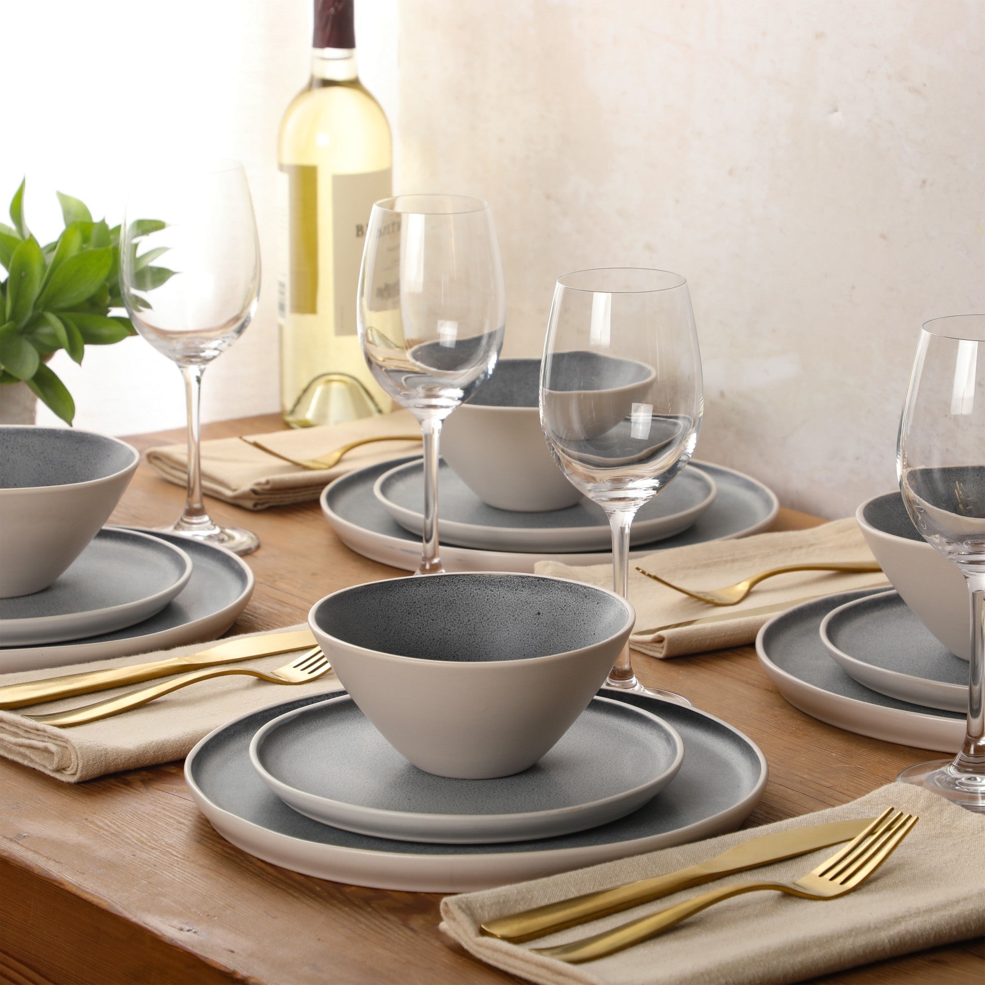 Gibson Elite Coastal Forest Plates and Bowls Sets, 12-Piece Stoneware Dinnerware Sets, Triple Reactive Glaze Dish Set - Grey and Cream White - Image 4