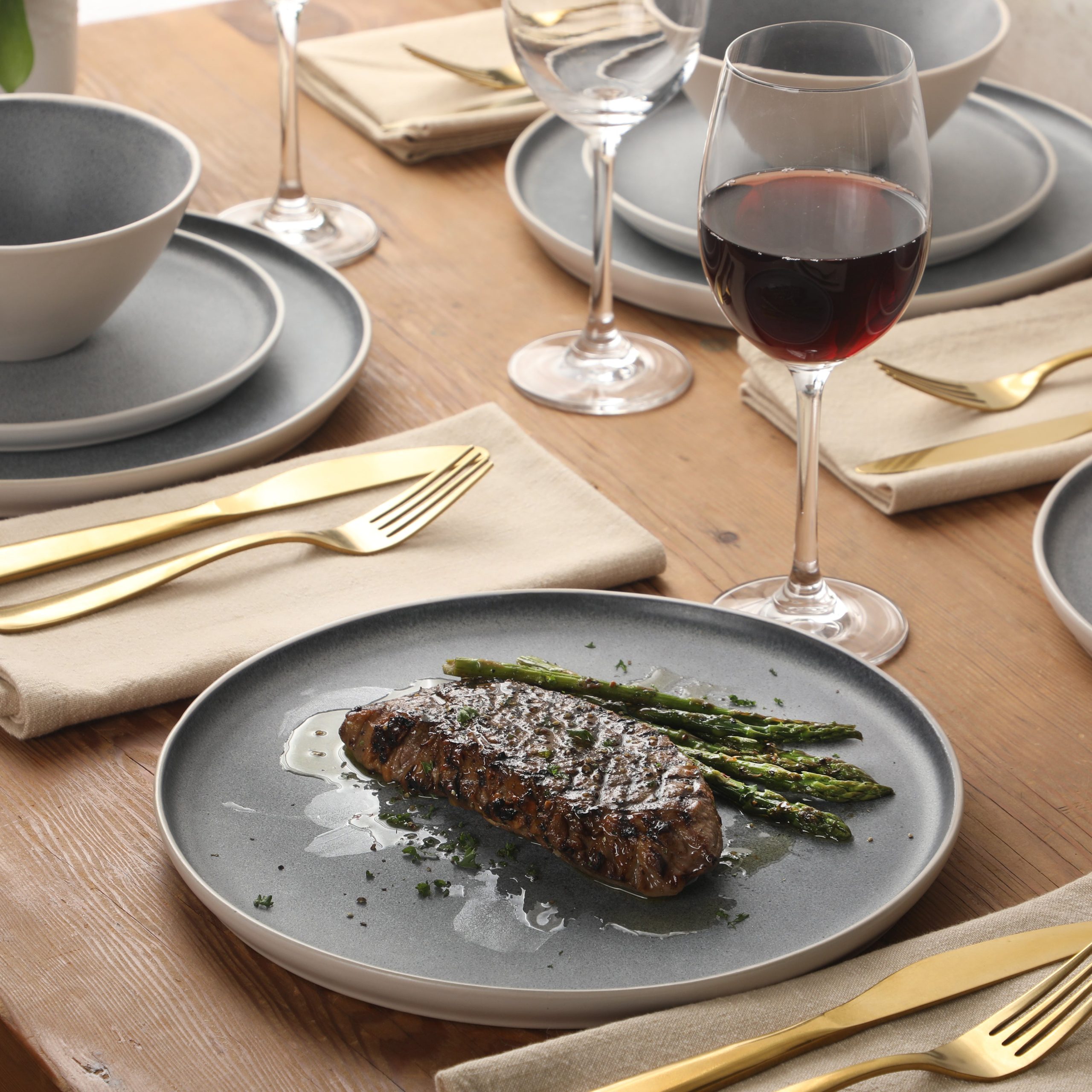 Gibson Elite Coastal Forest Plates and Bowls Sets, 12-Piece Stoneware Dinnerware Sets, Triple Reactive Glaze Dish Set - Grey and Cream White - Image 3