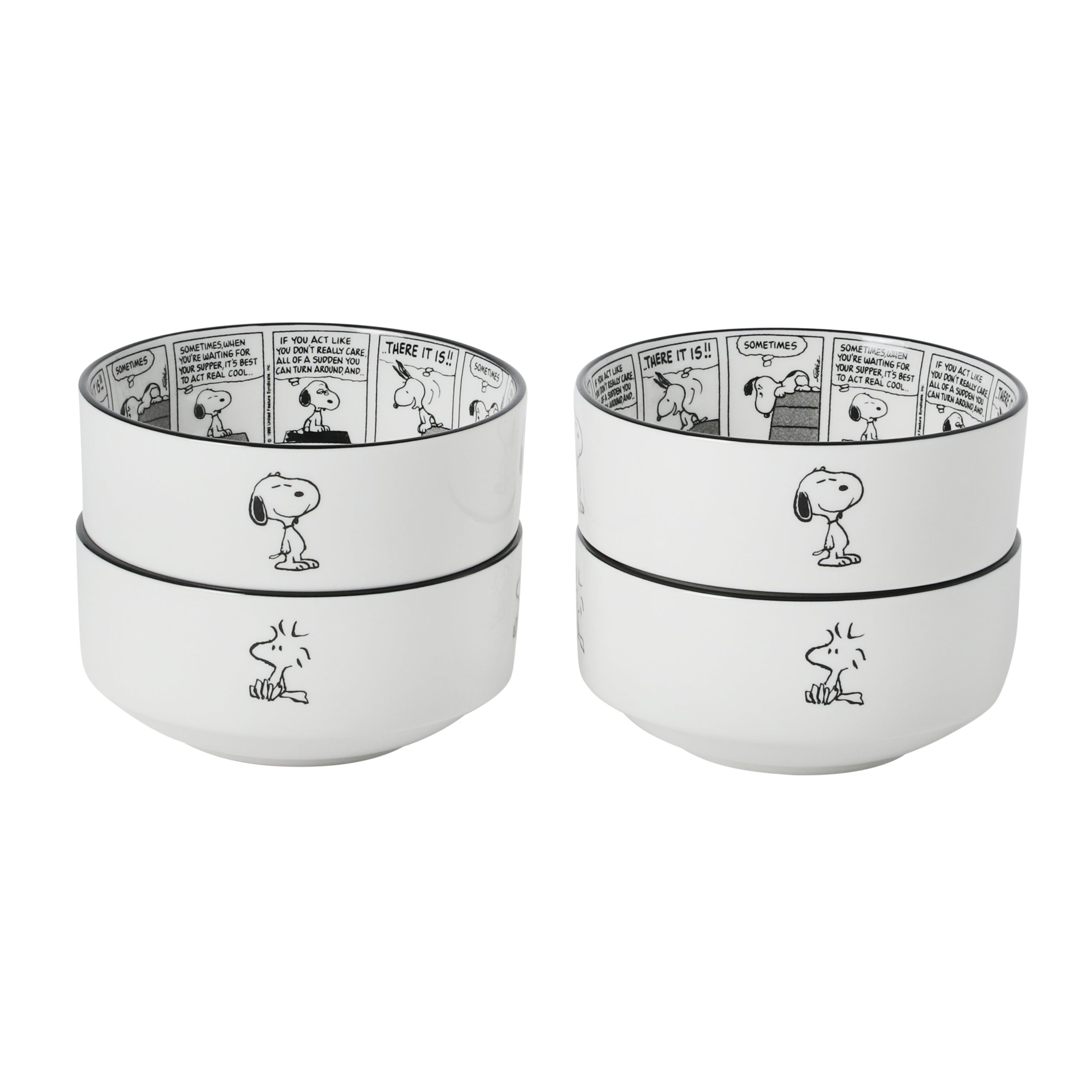 Peanuts Snoopy Cereal Bowls, Set of 4, 4.5-Inch Porcelain Snack Bowls for Ice Cream and Dessert, Sunday Comic Strip Design with Snoopy and Woodstock