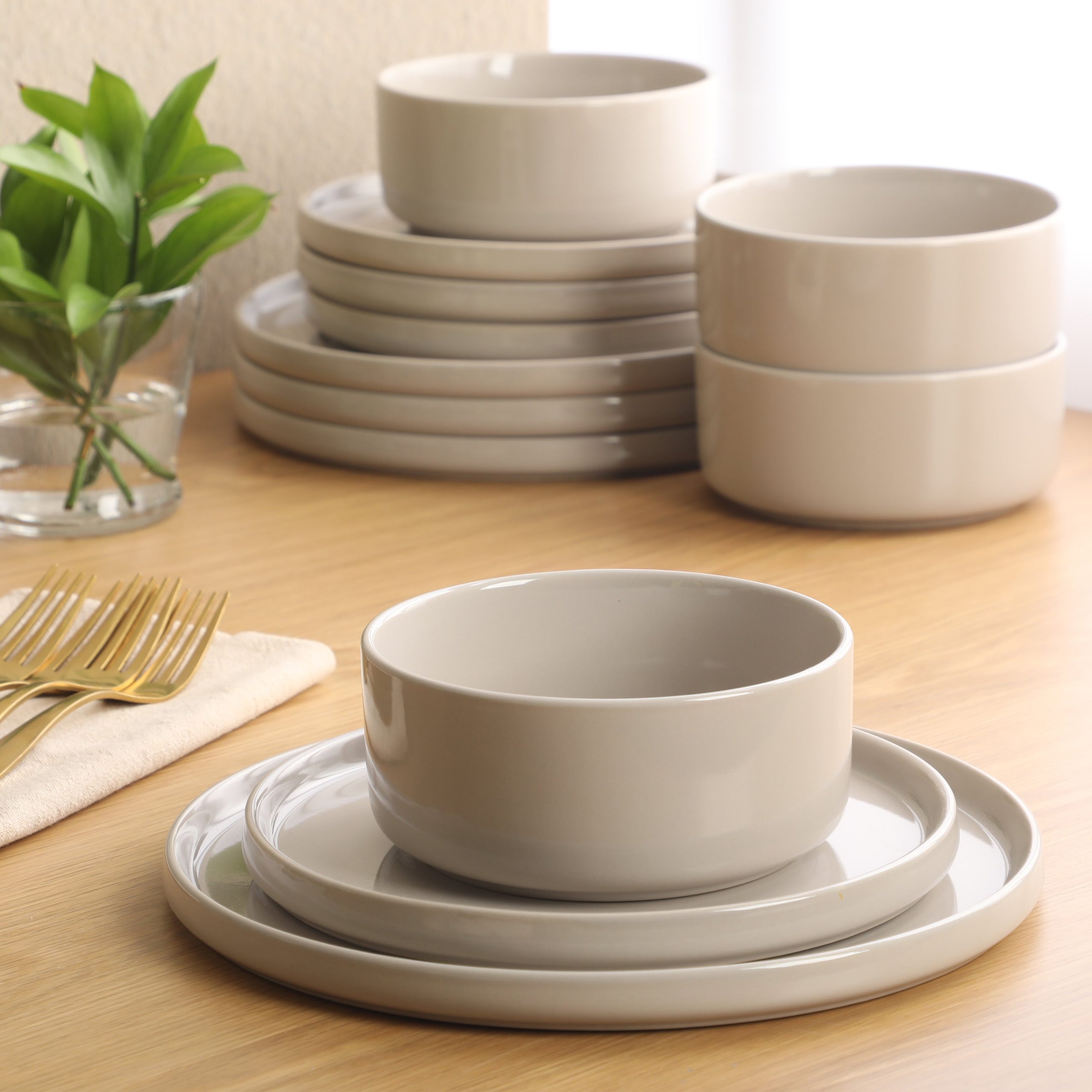 Gibson Elite Moonstone 12 Piece Modern Stoneware Dinnerware Set for 4, Grey Plates and Bowls Set, Dinner Plates, Salad Plates, Bowls - Image 2