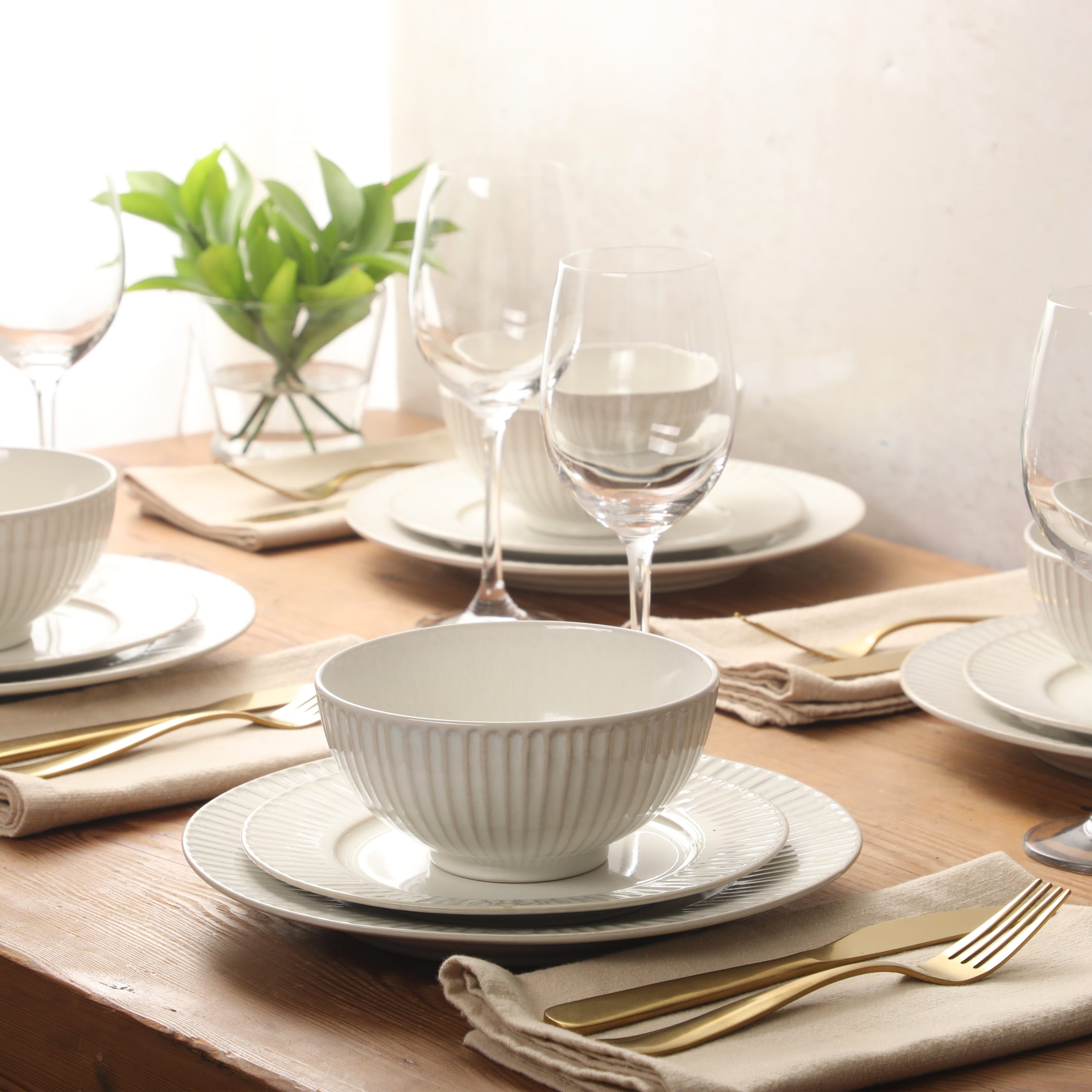 Gibson Elite Soleil 12 Piece Linen White Stoneware Dinnerware Set for 4, Plates and Bowls Set with Dinner Plates, Salad Plates and Bowls - Image 5