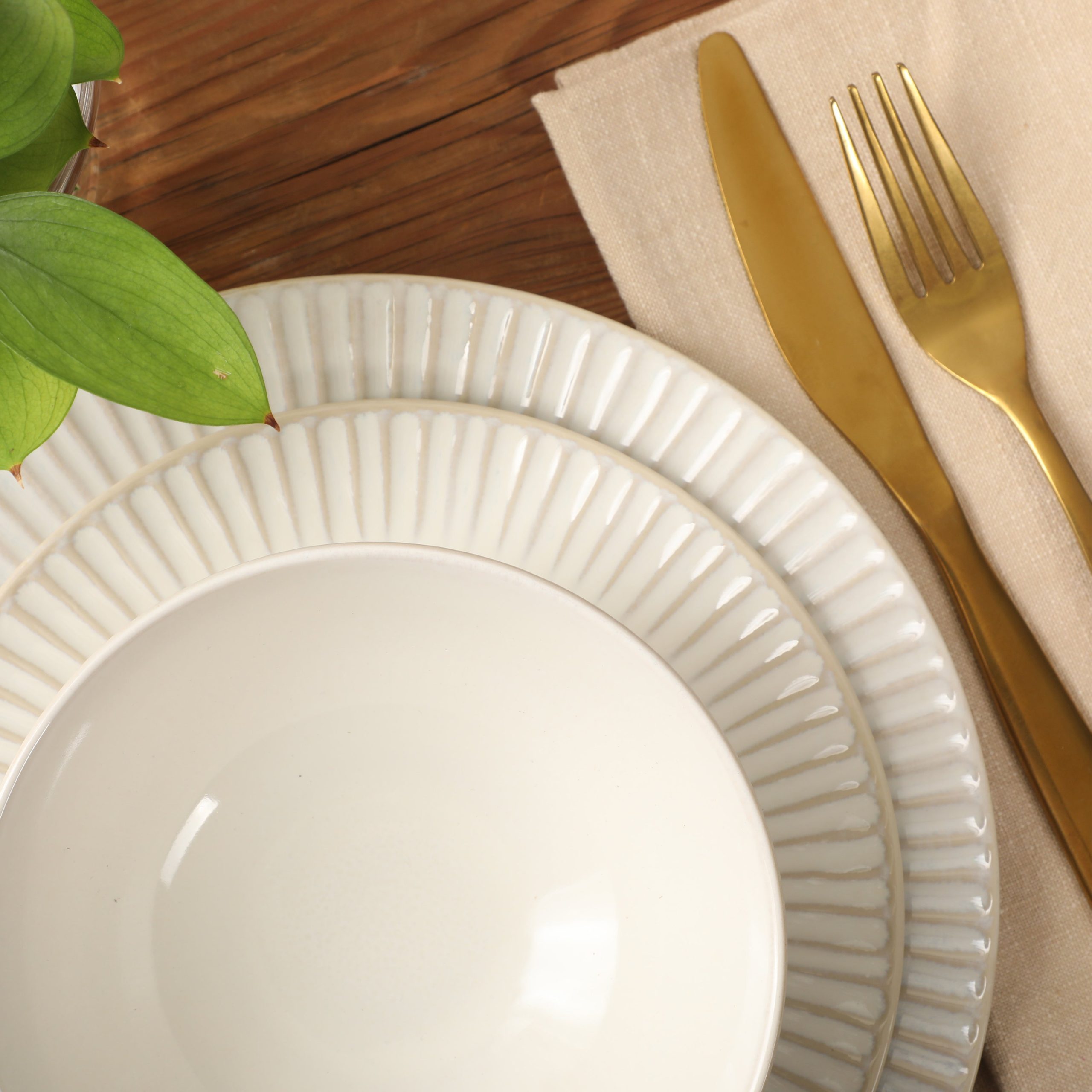 Gibson Elite Soleil 12 Piece Linen White Stoneware Dinnerware Set for 4, Plates and Bowls Set with Dinner Plates, Salad Plates and Bowls - Image 6