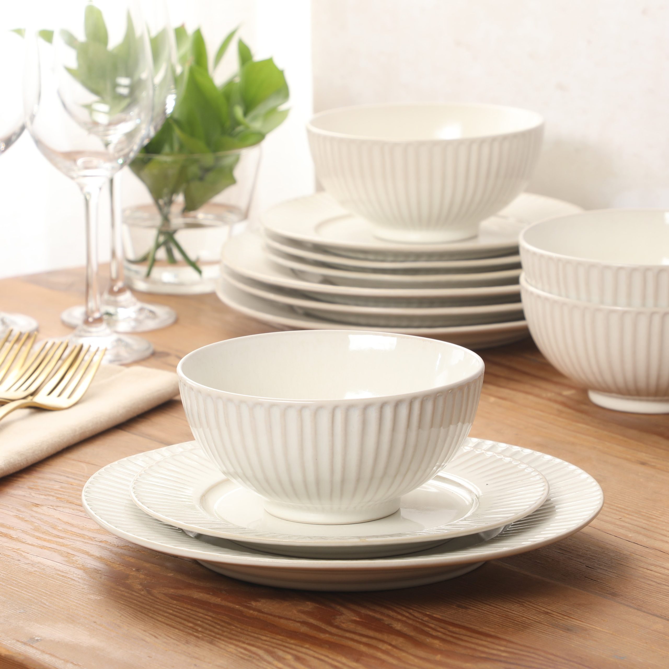 Gibson Elite Soleil 12 Piece Linen White Stoneware Dinnerware Set for 4, Plates and Bowls Set with Dinner Plates, Salad Plates and Bowls - Image 2