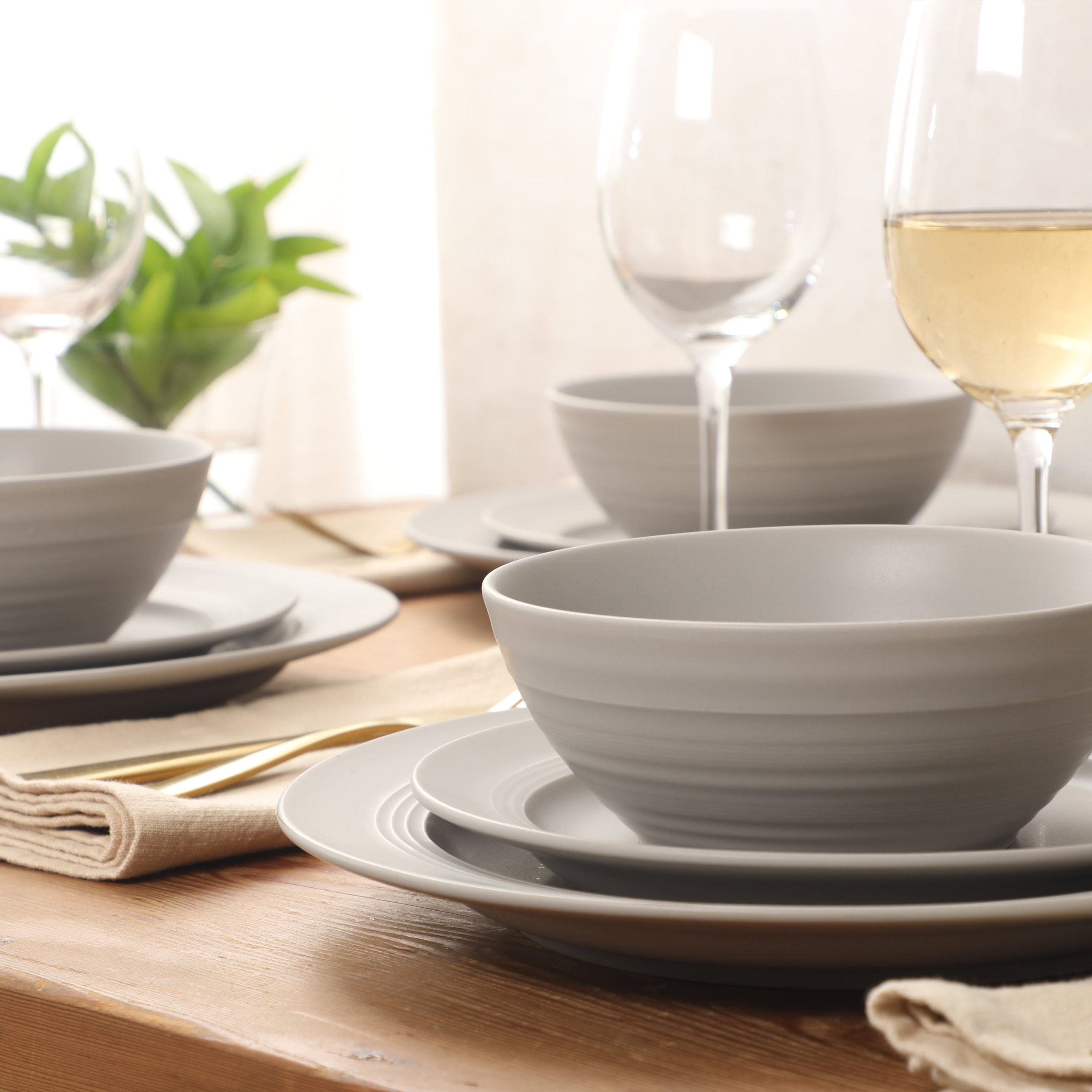 Gibson Elite Soleil 12 Piece Linen White Stoneware Dinnerware Set for 4, Plates and Bowls Set with Dinner Plates, Salad Plates and Bowls - Image 15