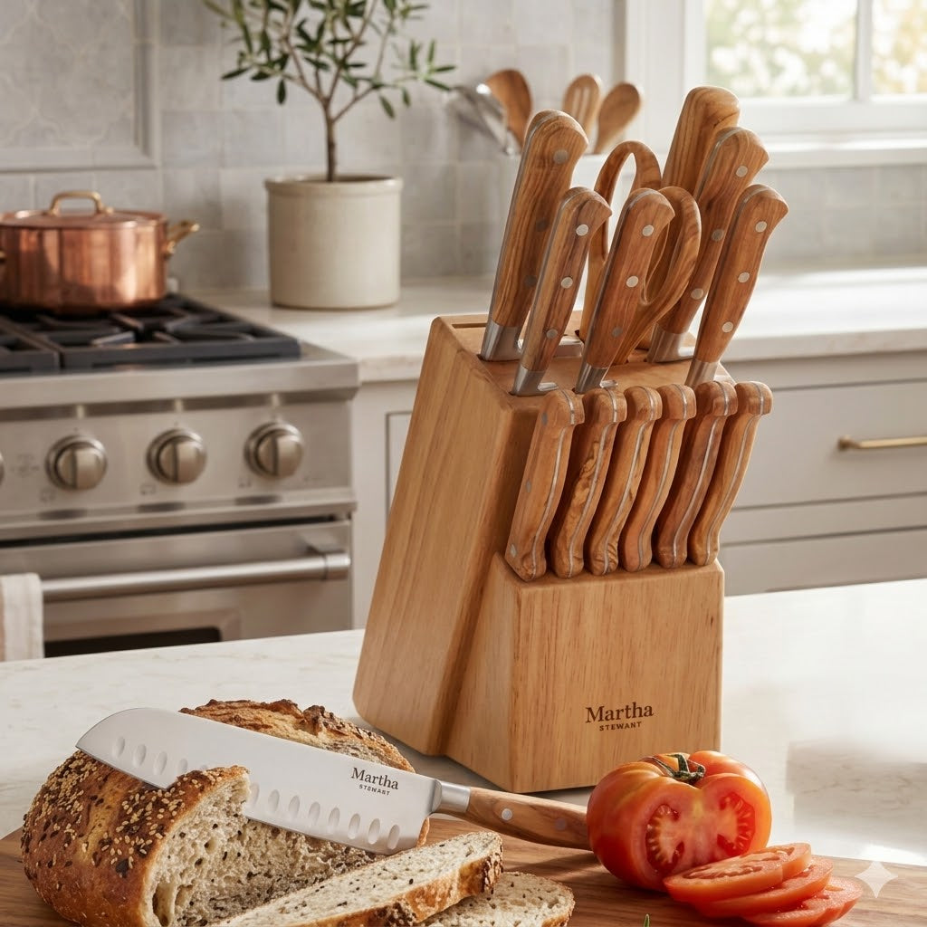 Martha Stewart 15 Piece Austenwood German Stainless Steel Cutlery Kitchen Knife Block Set W/ Italian Olive Wood Forged Handle & Wood Block - Image 2