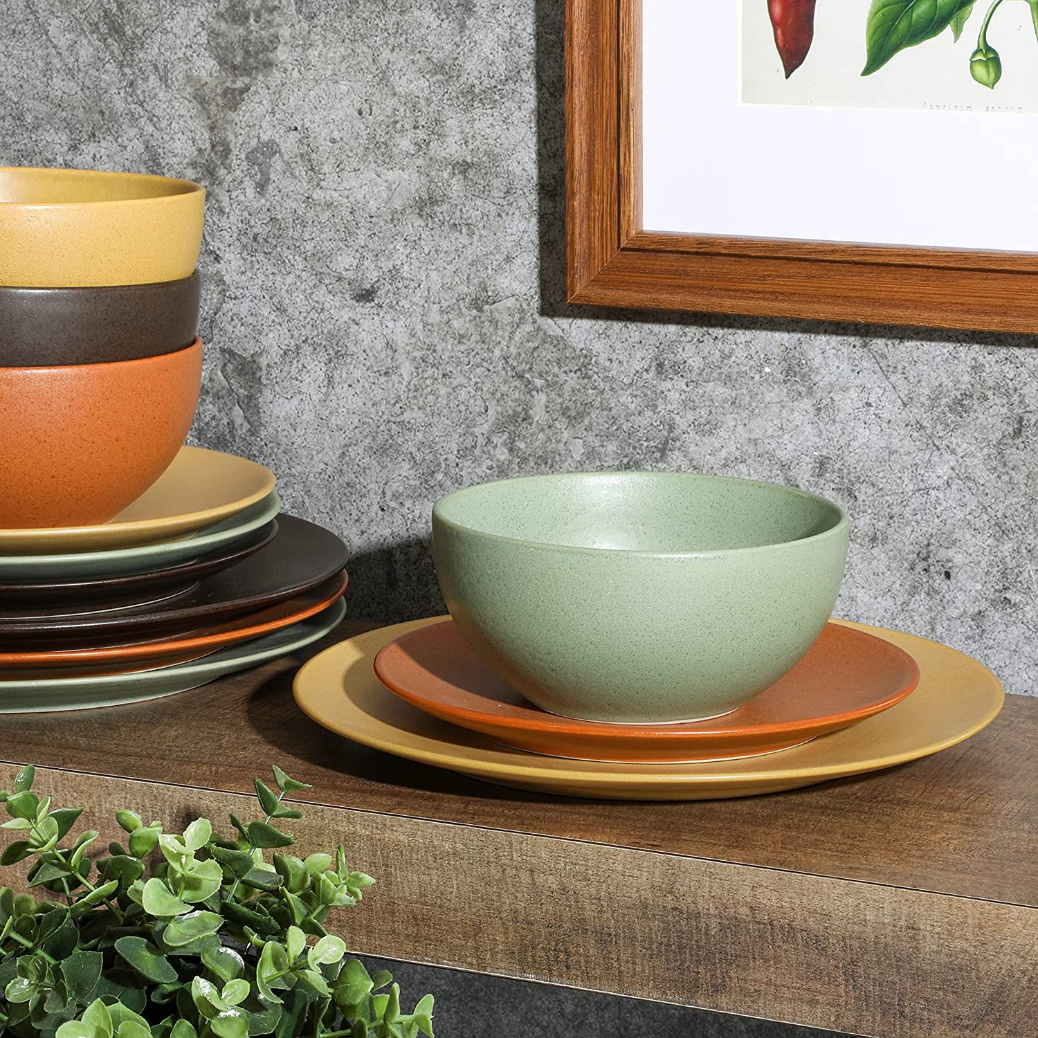 Gibson Elite Capetown Assorted Color Reactive Glaze Stoneware Dinnerware Set - Black, Yellow, Orange, Green - Image 3