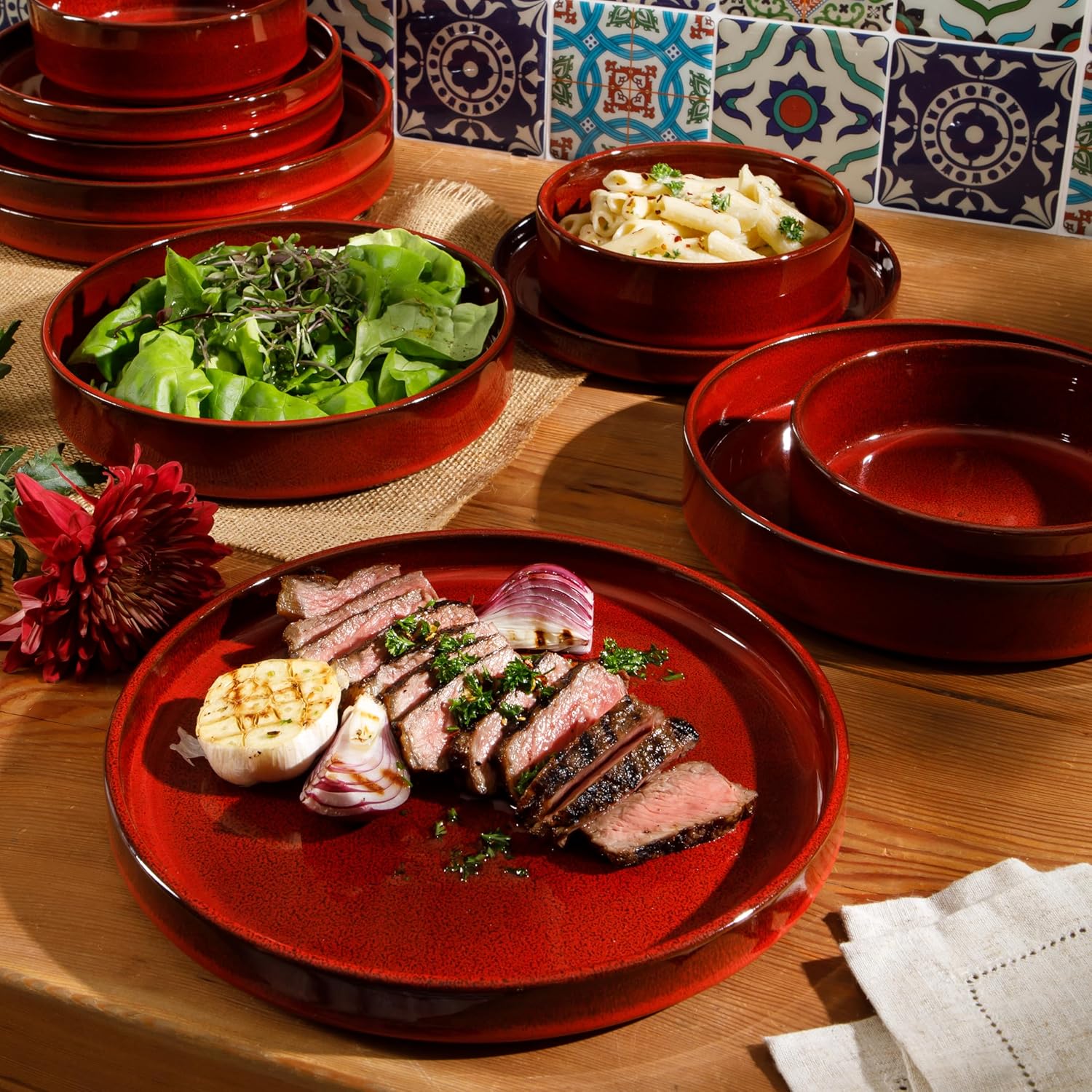 Bloomhouse Santorini Mist 16 Piece Double Bowl Terracotta Reactive Glaze Plates and Bowls Dinnerware Set - Moonstone White, Amber, Garnet Red, or Jade - Image 15