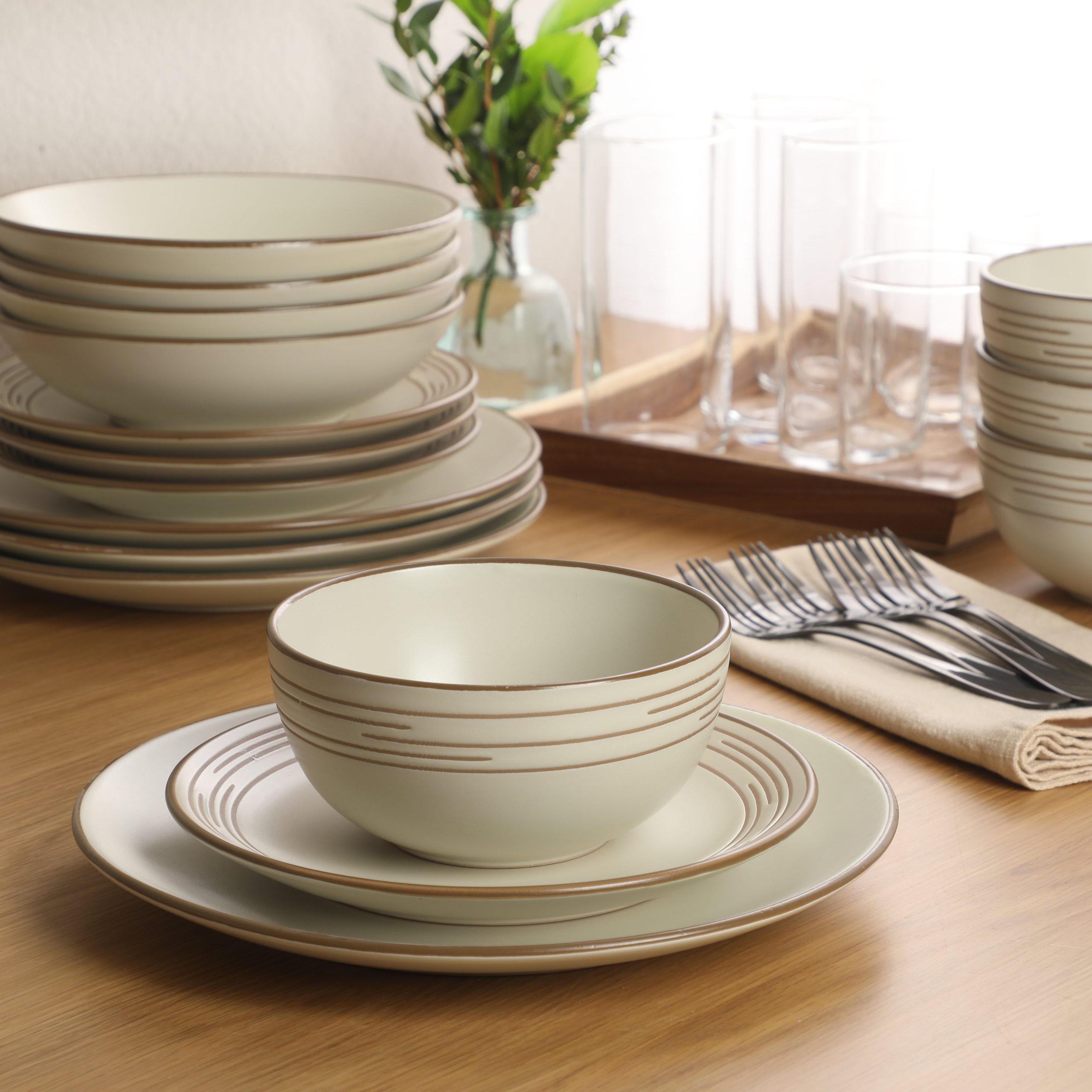 Gibson Home Chiswick House 16-Piece Stoneware Dinnerware Set, Round Plates and Bowls Set for 4, White with Wax Relief Embossed Rim Detail, Dishwasher Safe – Dinner Plate, Salad Plate & Cereal Bowl - Image 2