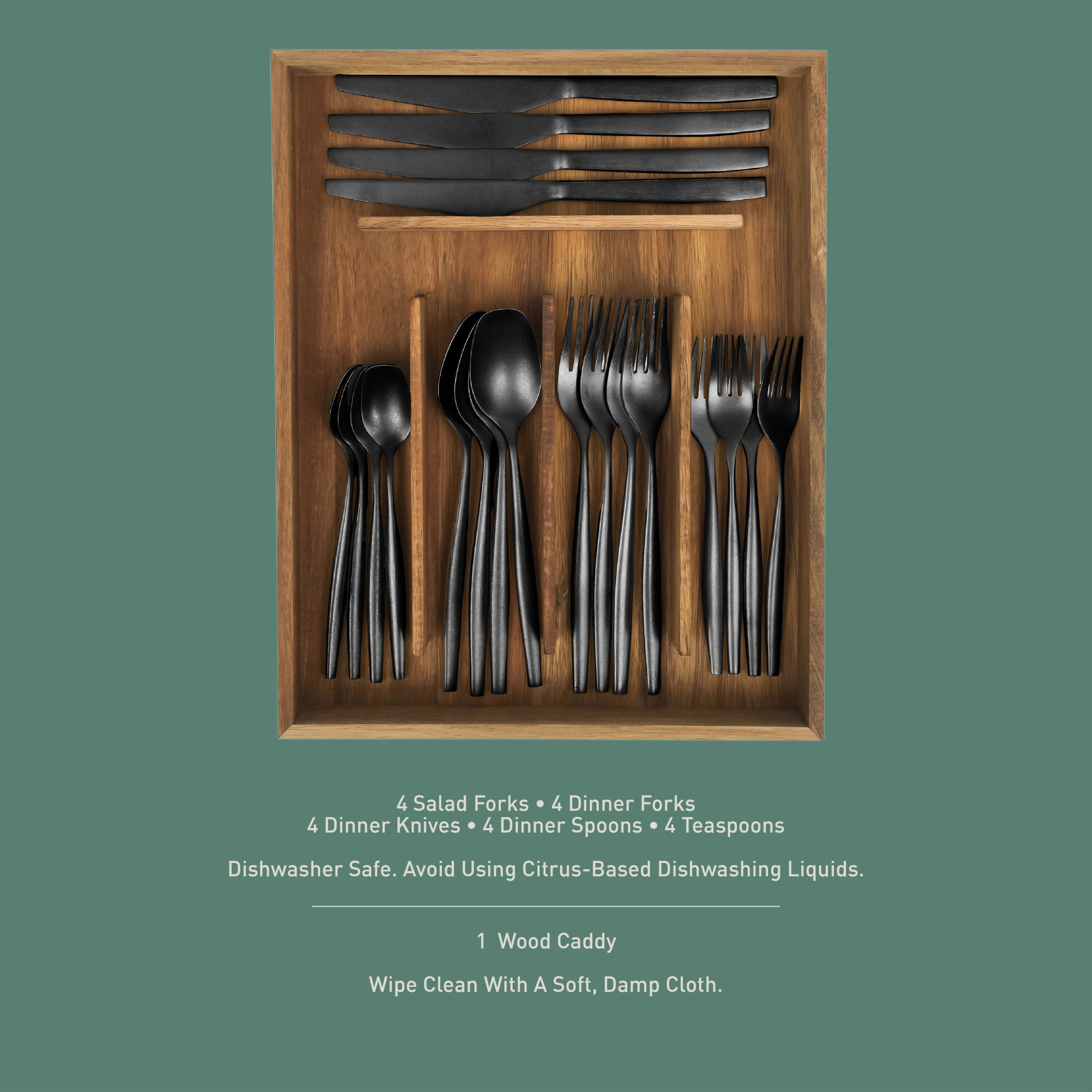 Bloomhouse 20 Piece Stone Washed Flatware 18/10 Stainless Steel Silverware Cutlery Utensil Set With Acacia Wood Caddy - Service for 4 - Image 10