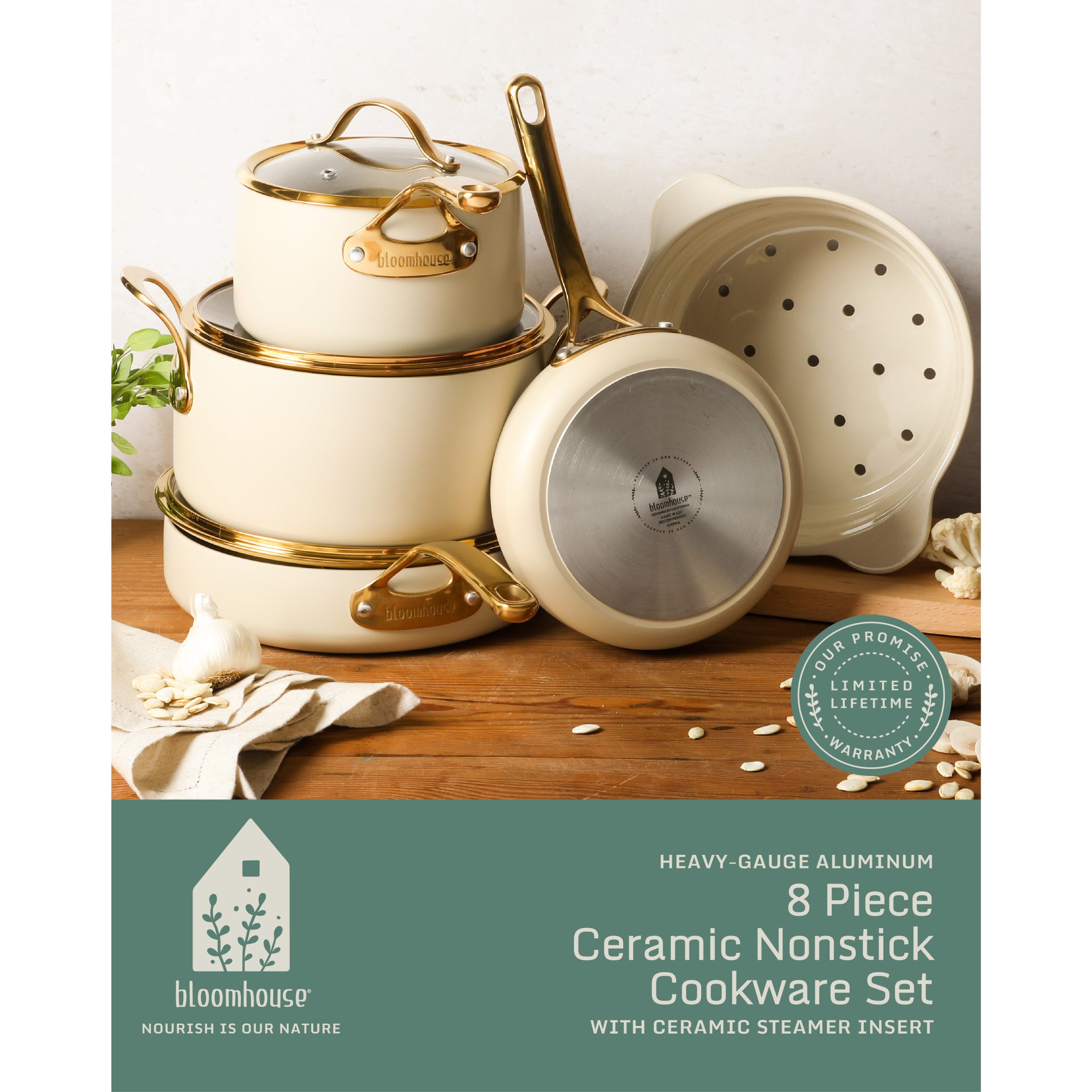 Bloomhouse 8 Piece Pots and Pans Heavy Duty Aluminum Premium PFA Free Ceramic Nonstick Dutch Oven Pot with Lid - Linen White with Gold Handle - Image 2
