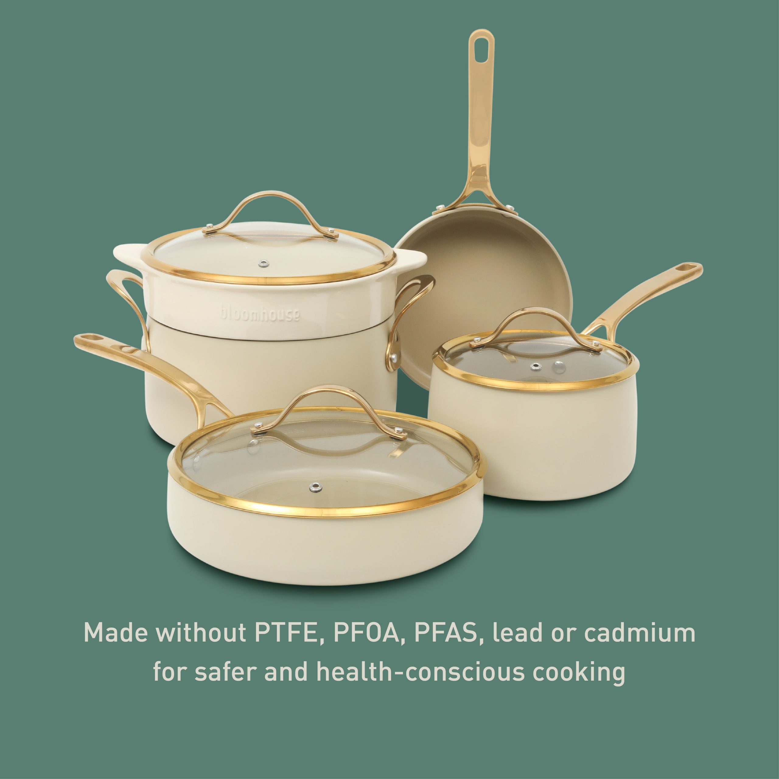 Bloomhouse 8 Piece Pots and Pans Heavy Duty Aluminum Premium PFA Free Ceramic Nonstick Dutch Oven Pot with Lid - Linen White with Gold Handle - Image 6