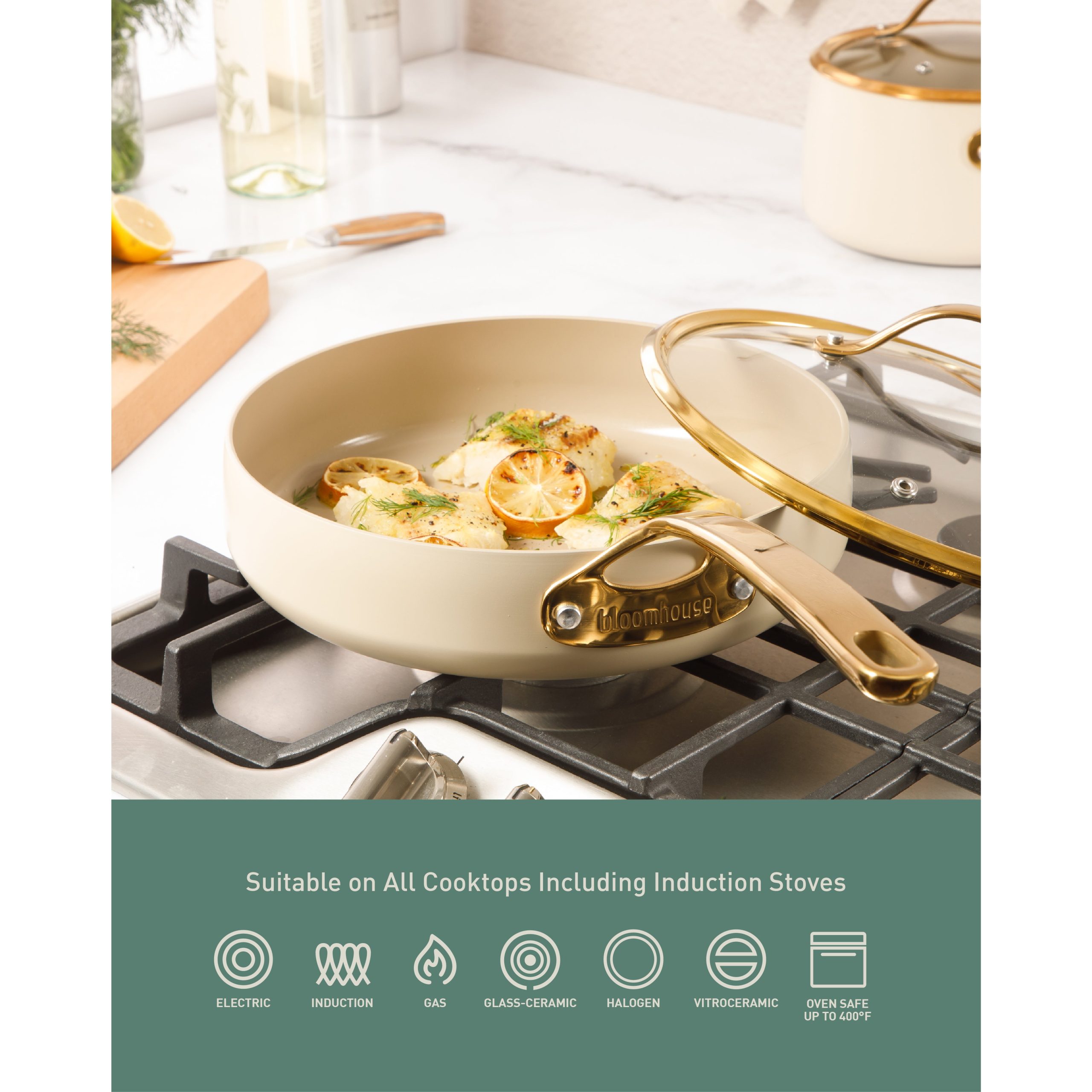 Bloomhouse 8 Piece Pots and Pans Heavy Duty Aluminum Premium PFA Free Ceramic Nonstick Dutch Oven Pot with Lid - Linen White with Gold Handle - Image 7