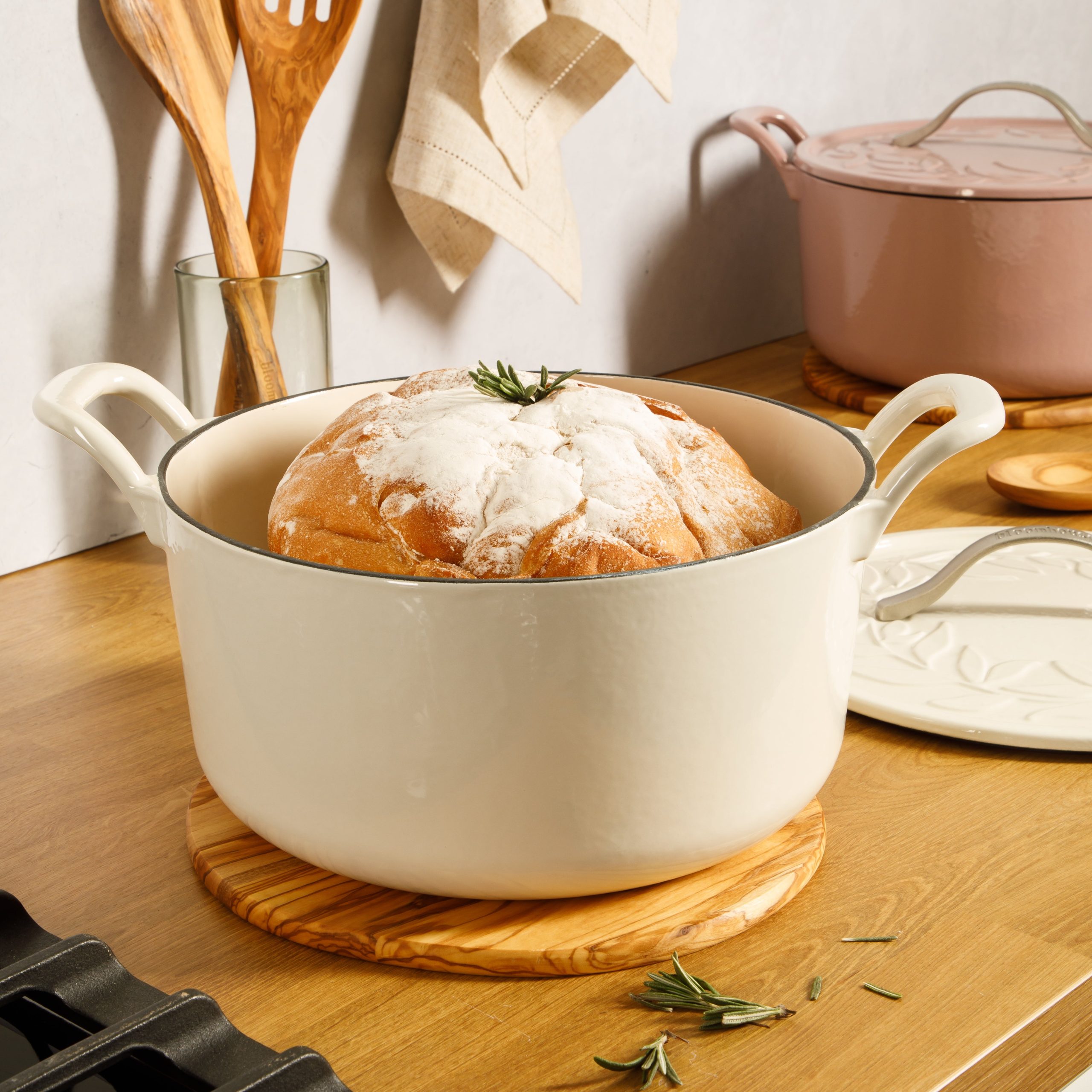 Bloomhouse 7 Qt Cast Iron Dutch Oven W/ Embossed Lid, European Enamel, & Walnut Wood Trivet - Image 2