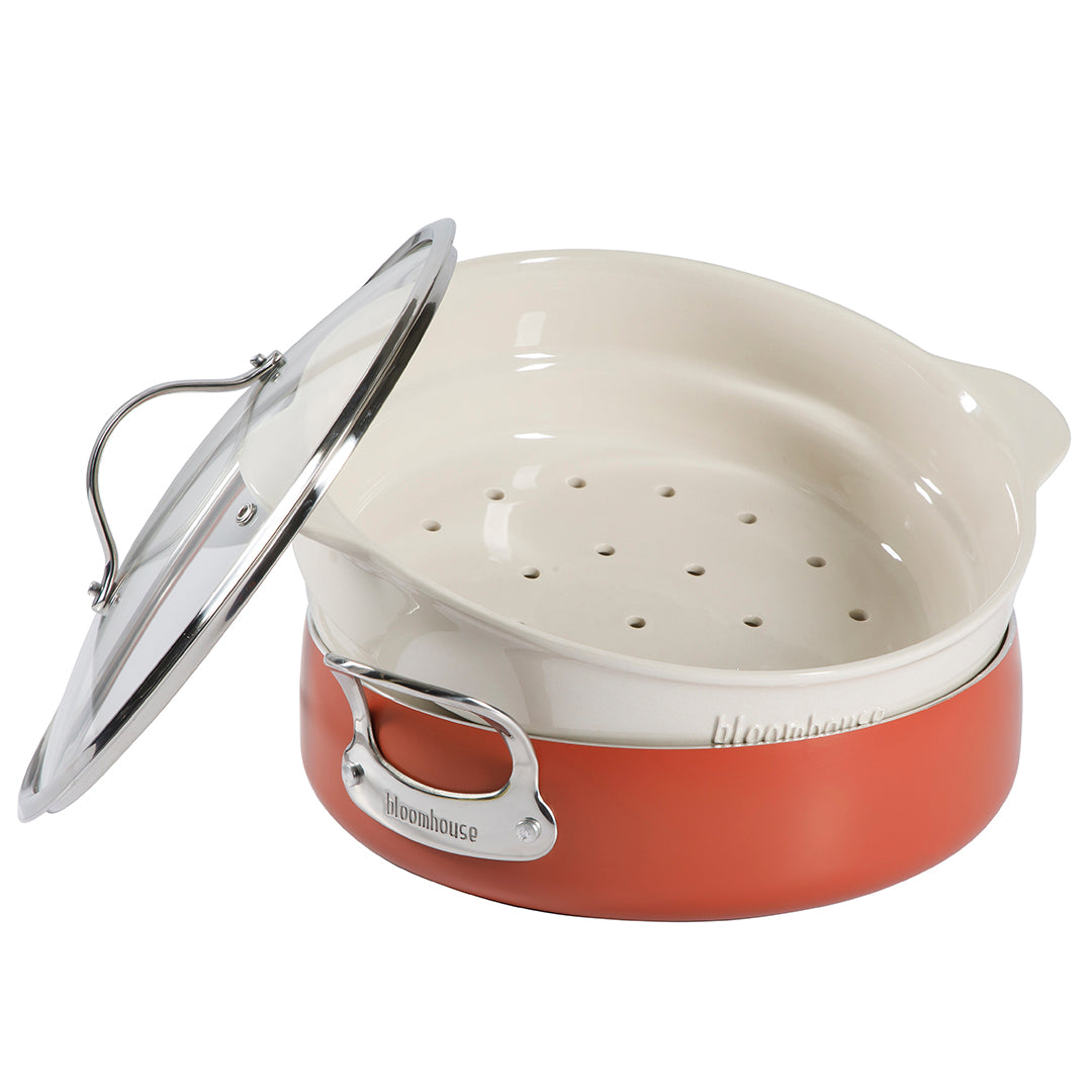 Bloomhouse 6-QT Aluminum Enamel Everyday Pan w/Non-Stick Non-Toxic Ceramic Interior and Ceramic Steamer Insert - Image 4