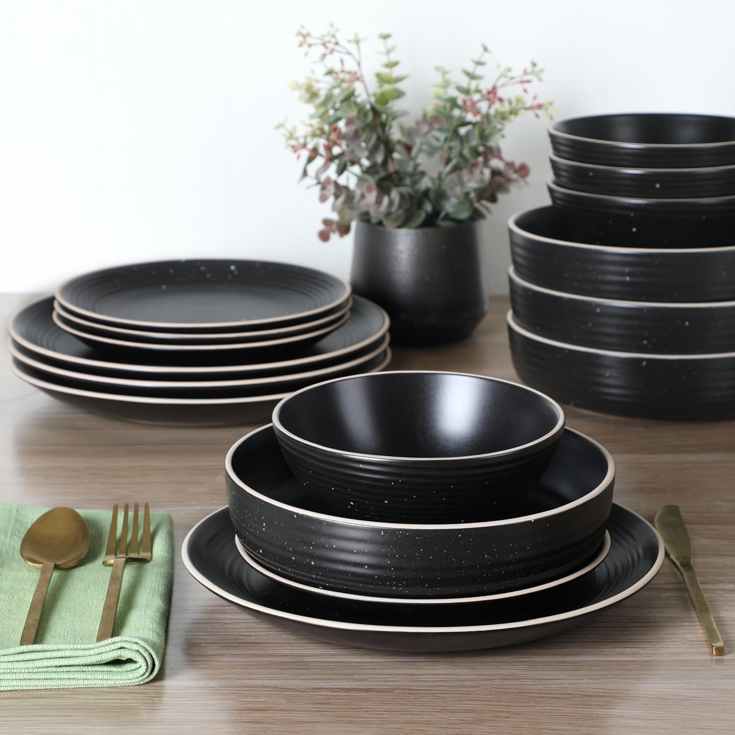 Gibson Home Dinah 16 Piece Double Bowl Stoneware Embossed Speckled Dinnerware Set - Matte Black, White, or Sage Green - Image 8