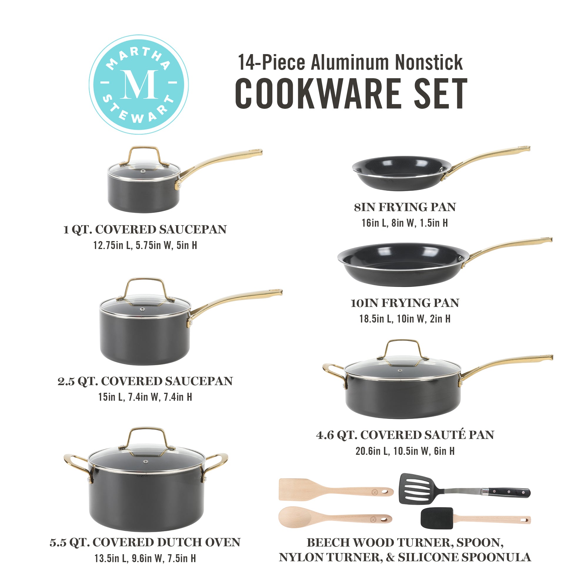 Martha Stewart Lockton 14-Piece Heavy-Gauge Premium Non-Stick Aluminum Cookware Combo Set (Pots, Pans, and Tools) - Image 3