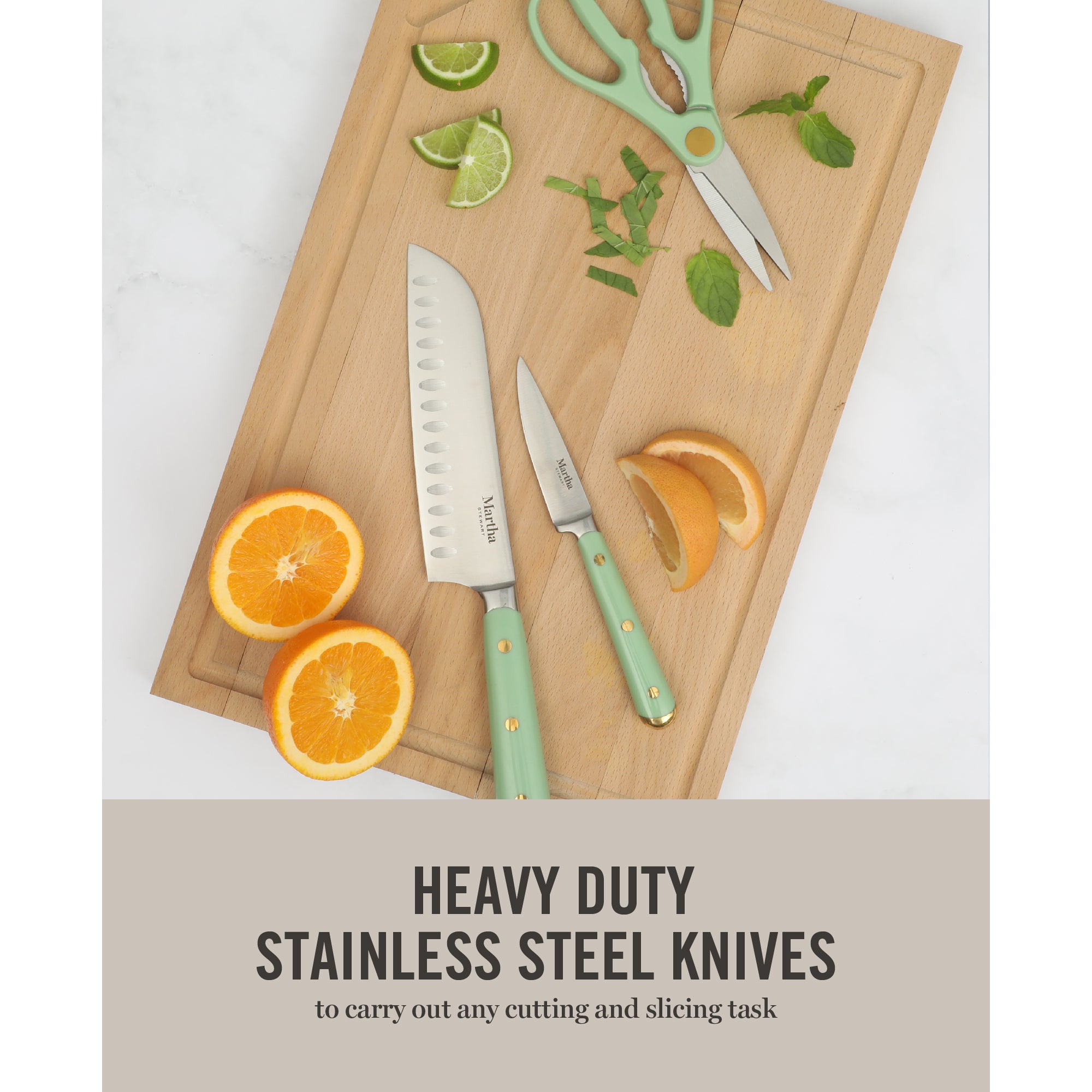 Martha Stewart 16 Piece Lockton High Carbon Stainless Steel Cutlery Kitchen Knife Block Set W/ ABS Tripe Riveted Forged Handle Acacia Wood Block - Image 8