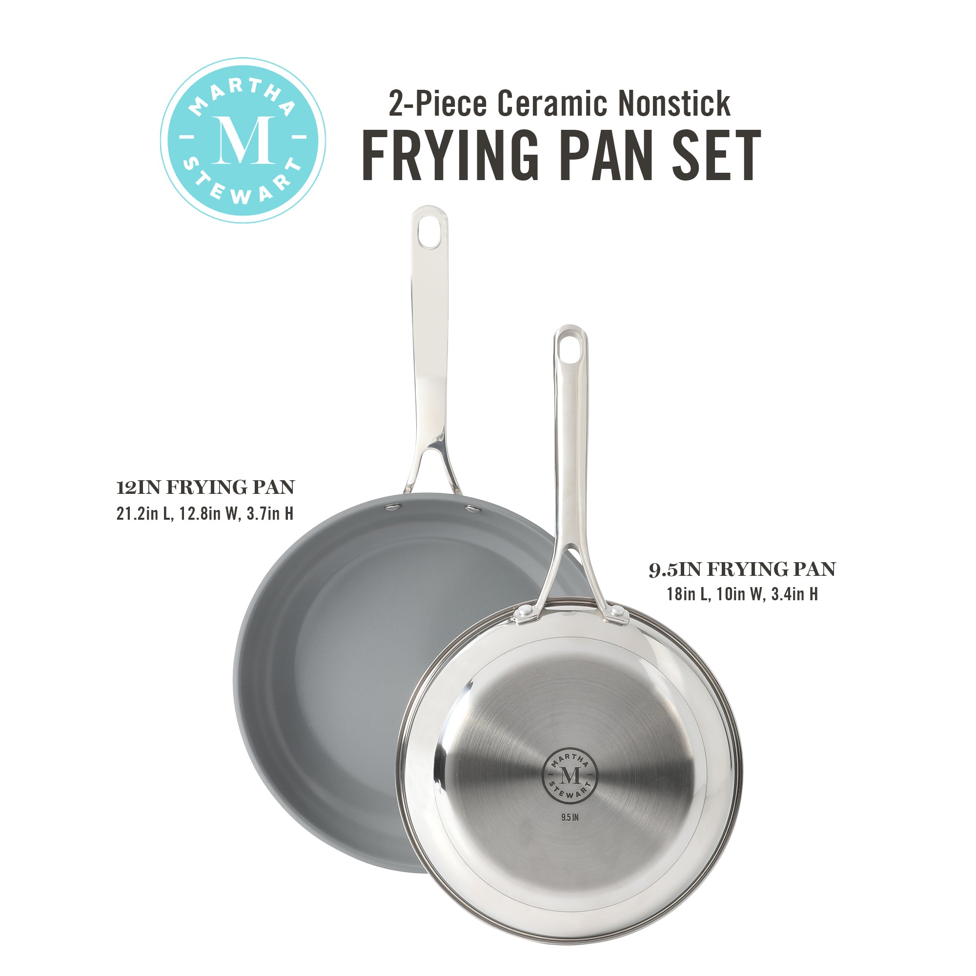 Martha Stewart Delaroux 9.5" & 12" Stainless Steel Fry Pan Set w/ Ceramic Non-Stick Interior - Image 3