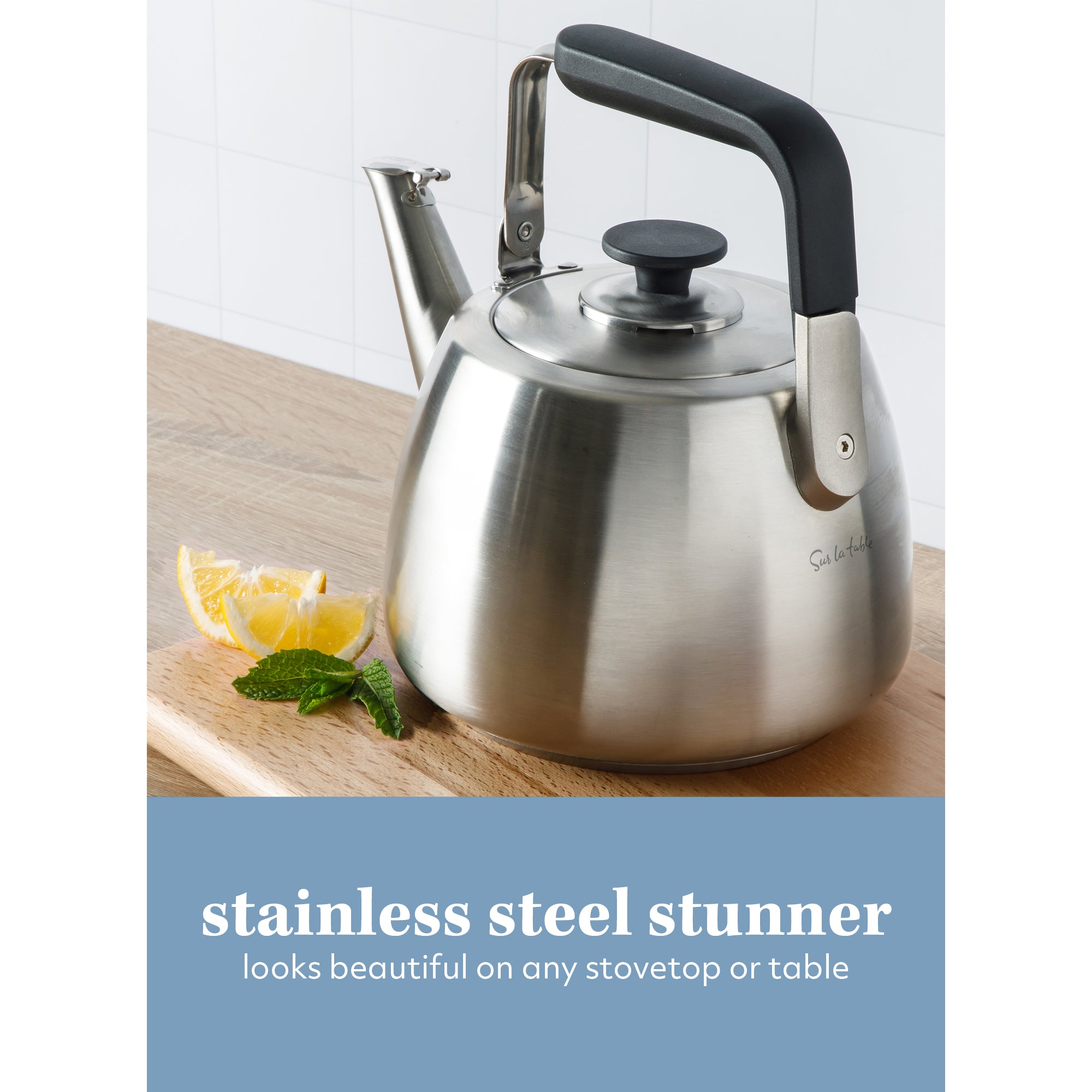 Sur La Table Kitchen Essential Large 2 QT Heavy Gauge Stainless Steel Whistling Tea Kettle - Image 3