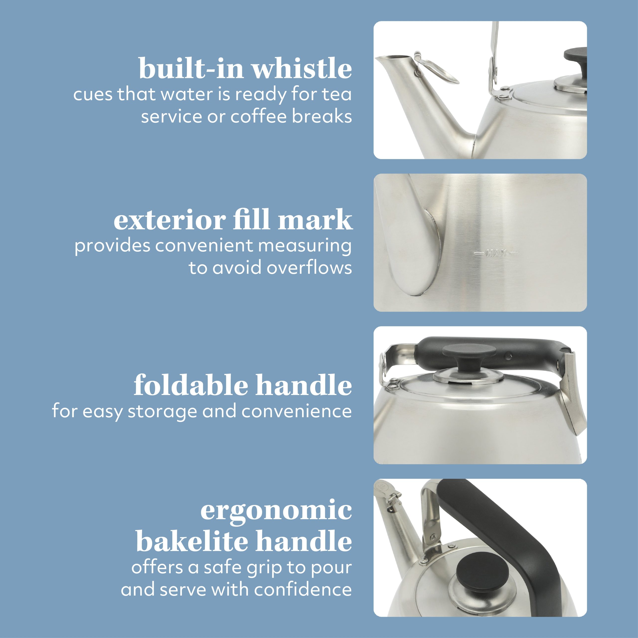 Sur La Table Kitchen Essential Large 2 QT Heavy Gauge Stainless Steel Whistling Tea Kettle - Image 4