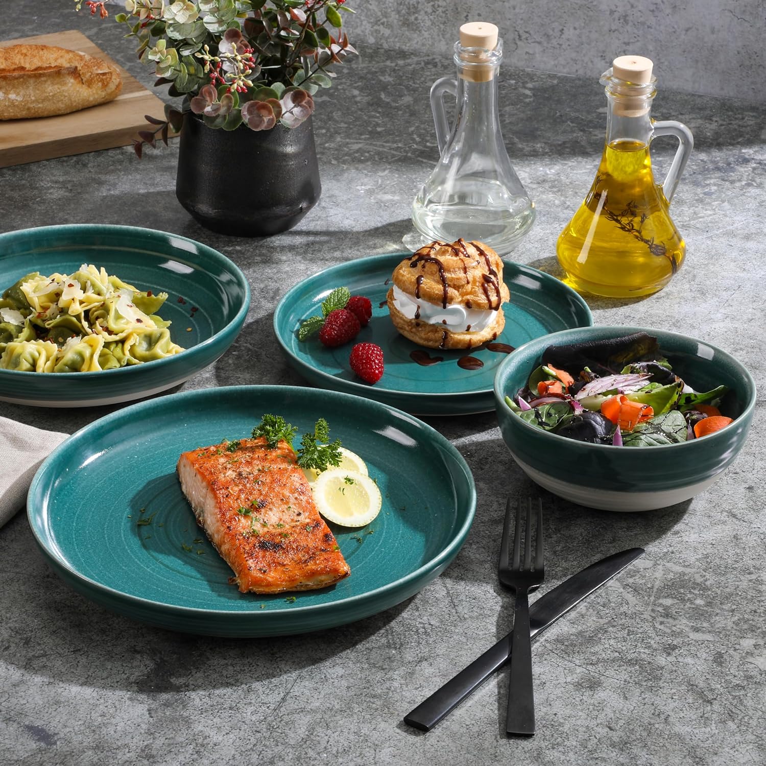 Gibson Elite Clarina 16 Piece Double Bowl Stoneware Reactive Glaze Round Plates and Bowls Dinnerware Set - Teal - Image 2