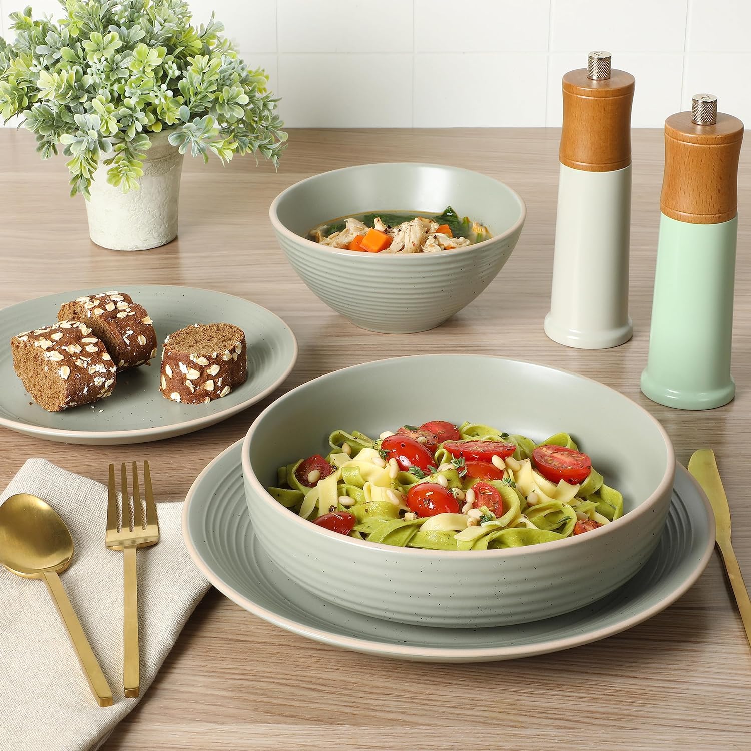 Gibson Home Dinah 16 Piece Double Bowl Stoneware Embossed Speckled Dinnerware Set - Matte Black, White, or Sage Green - Image 7