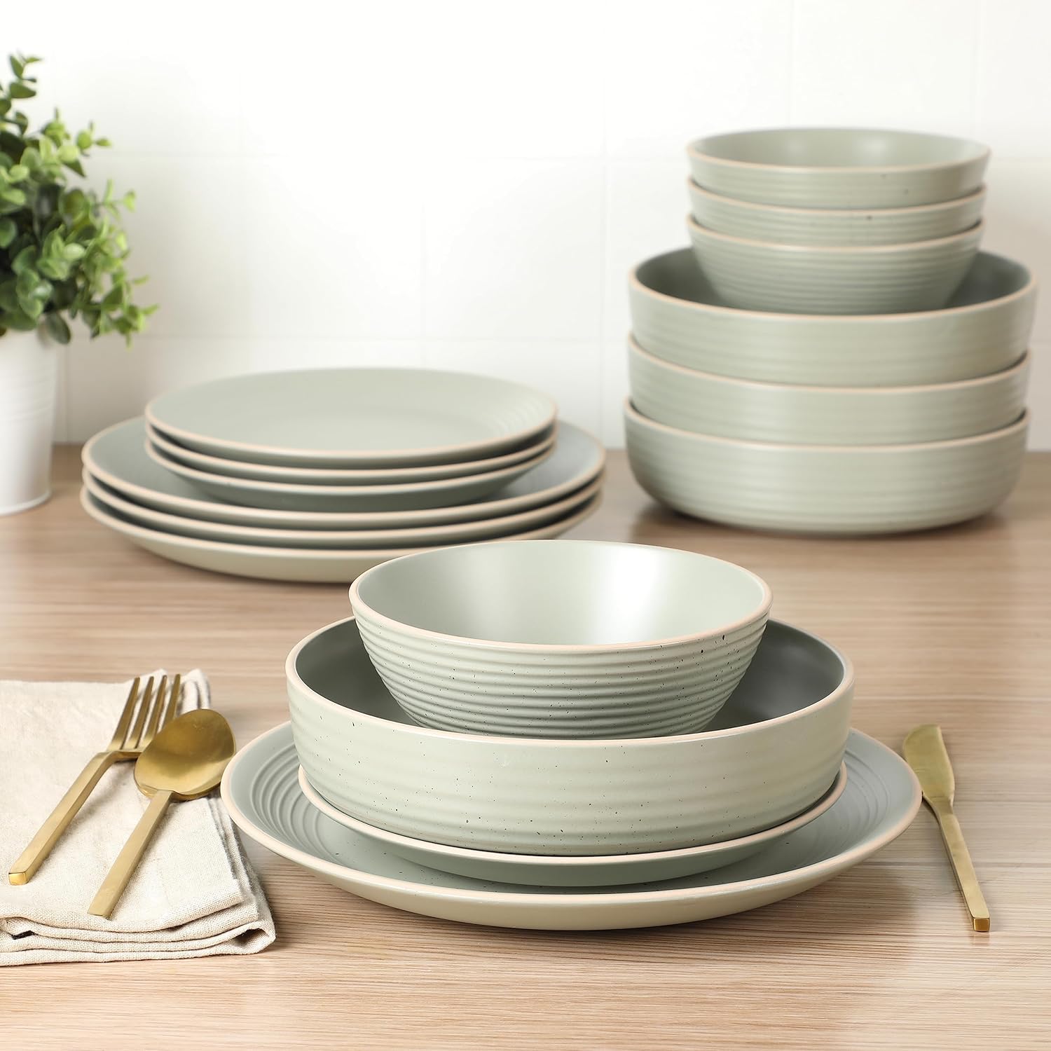 Gibson Home Dinah 16 Piece Double Bowl Stoneware Embossed Speckled Dinnerware Set - Matte Black, White, or Sage Green - Image 2