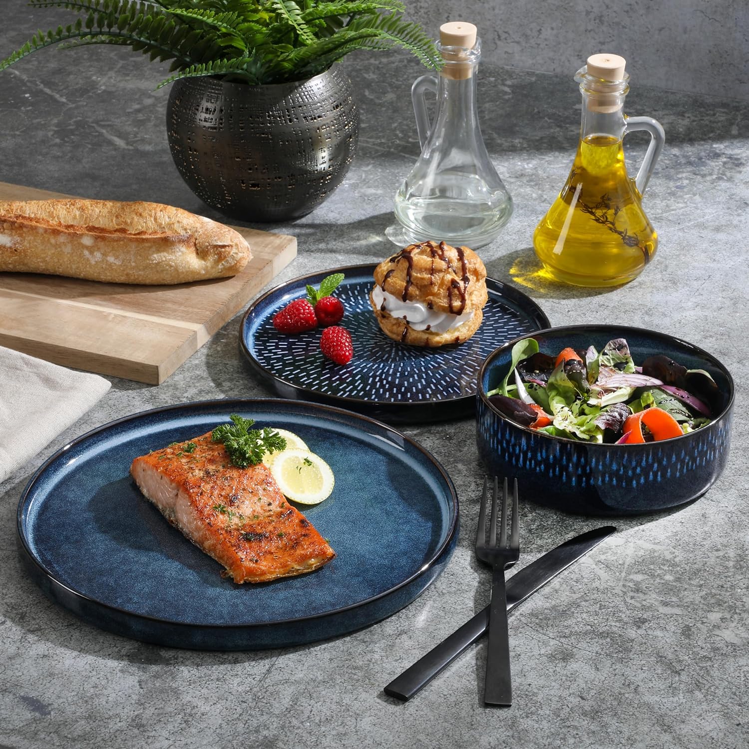 Gibson Elite 12 Piece Matisse Moderna Stoneware Reactive Glaze Dinnerware Set - Cobalt Blue - Image 2