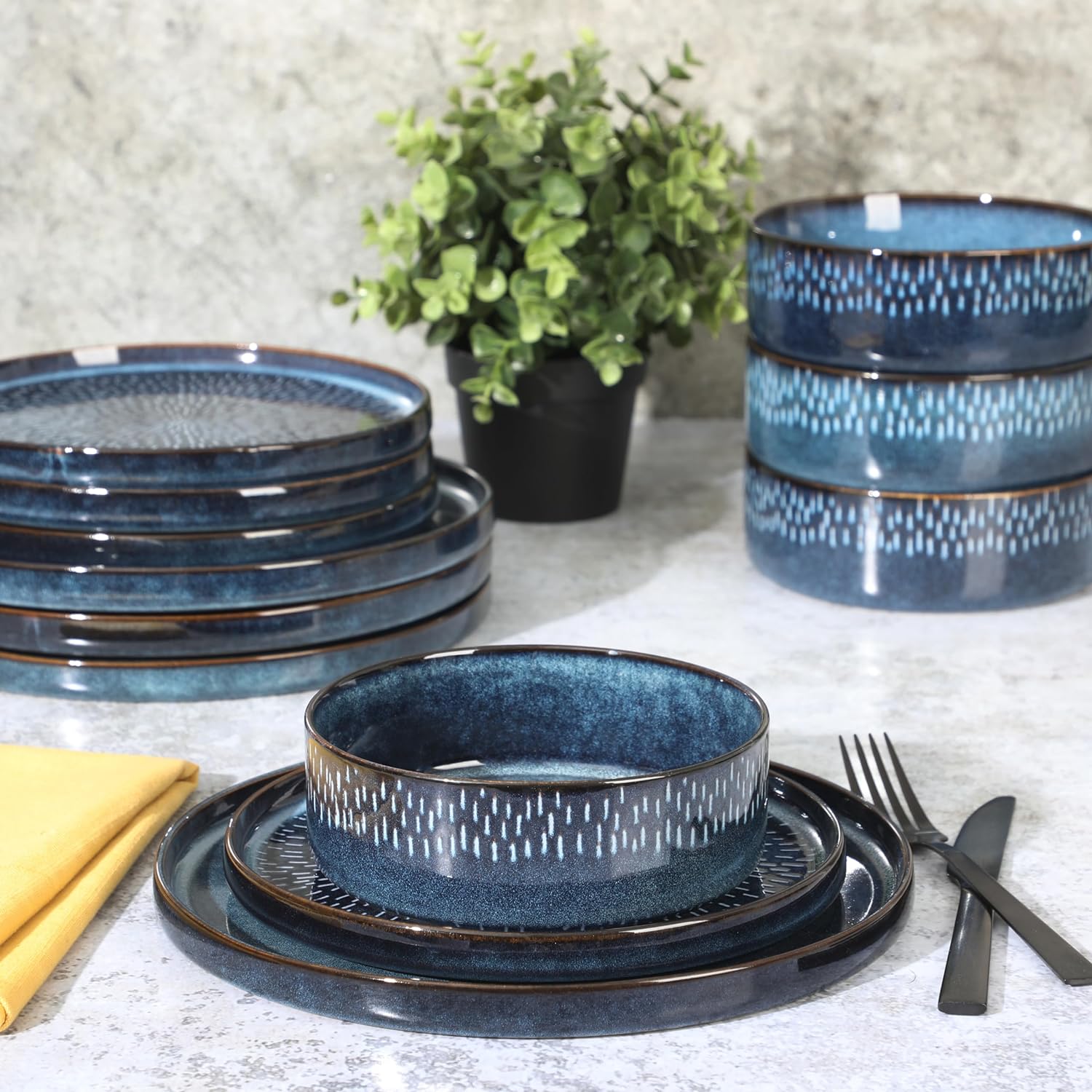 Gibson Elite 12 Piece Matisse Moderna Stoneware Reactive Glaze Dinnerware Set - Cobalt Blue - Image 4
